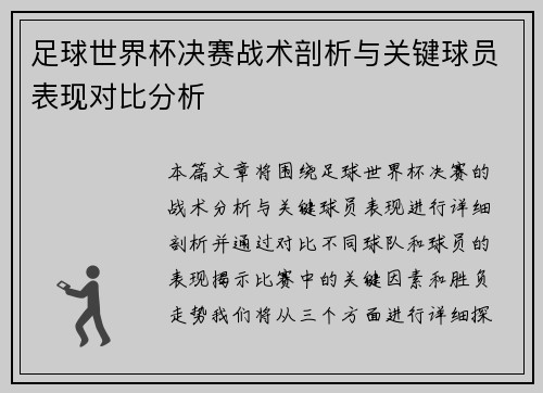 足球世界杯决赛战术剖析与关键球员表现对比分析